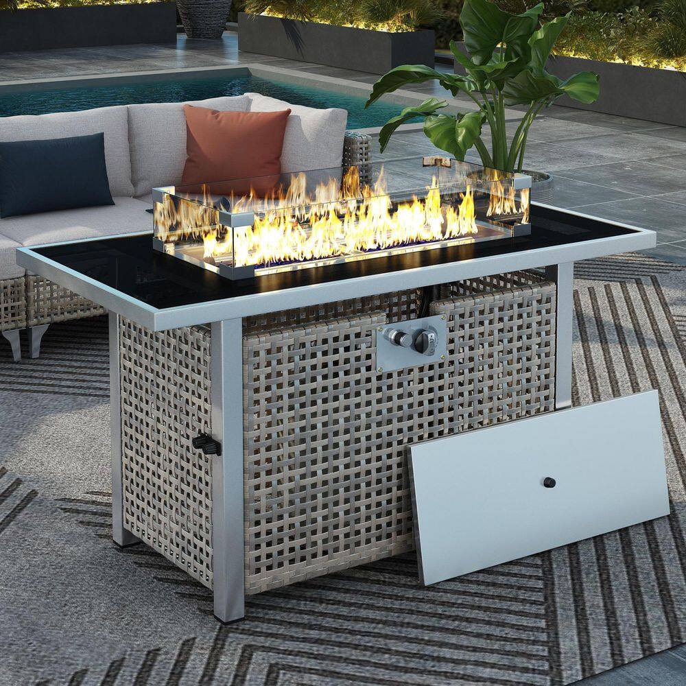 Gray Weave Wicker 43 in. Rectangular 60,000 BTU Propane Gas Fire Pit Table Patio Heater with Glass Wind Guard price history on PriceWatchPro
