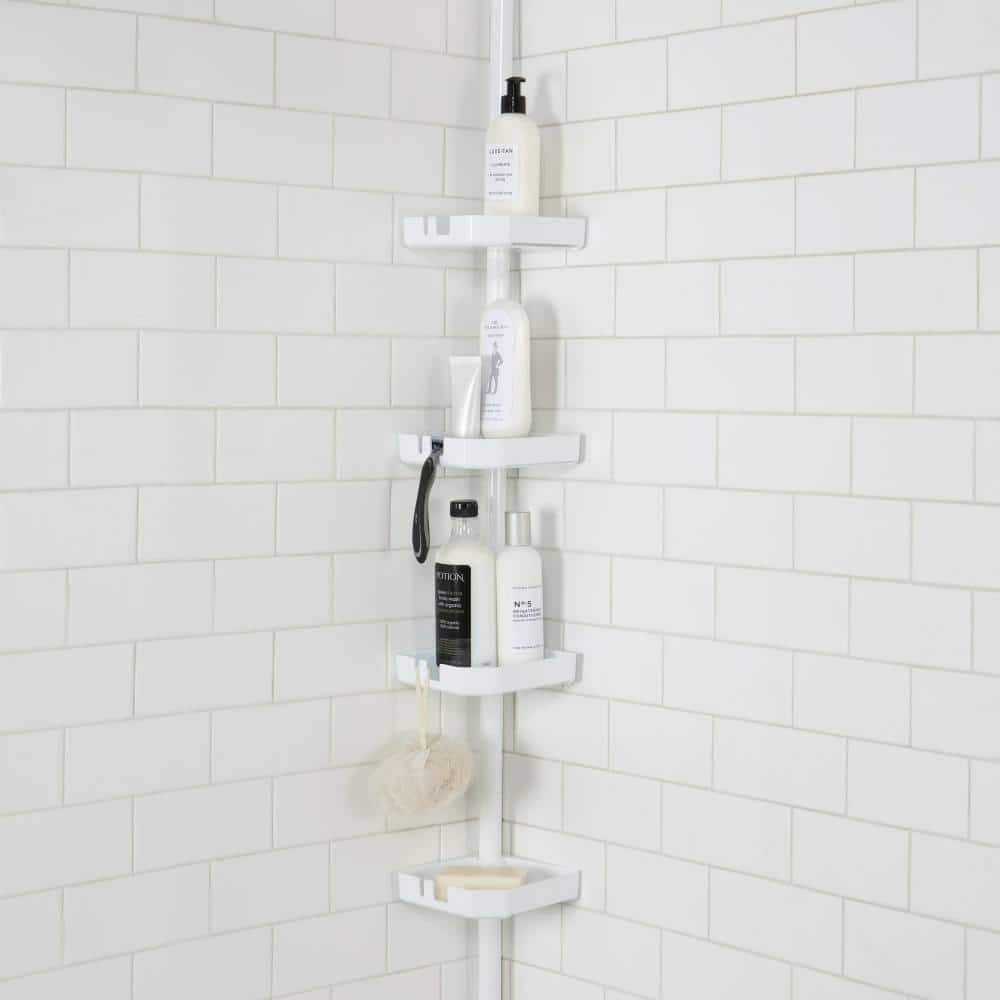 White Metal 4-Tier Tension Mount Shower Organizer Caddy