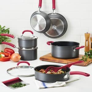Create Delicious 11-Piece Hard-Anodized Aluminum Nonstick Cookware Set in Red and Gray