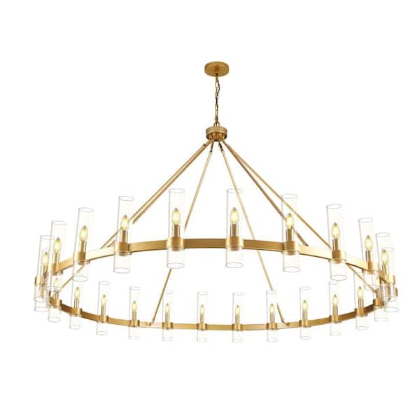 24-Light 70 in. Dimmable Wagon Wheel Gold Chandelier with Glass Shade, for Living Room, Dining Room, Bedroom Hallway