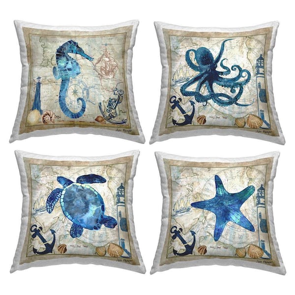 Nautical Creatures on Map 4 Piece Outdoor Printed Throw Pillow Set by Jill Meyer