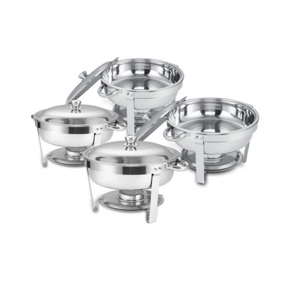 5 qt. Silver Stainless Steel Buffet Chafer Dish Set with 4 Full Size Pans Round Catering Warmer Server