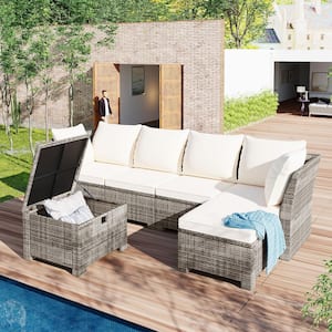 Harper & Bright Designs Gray 4-Piece Wicker Outdoor Sectional Set with ...