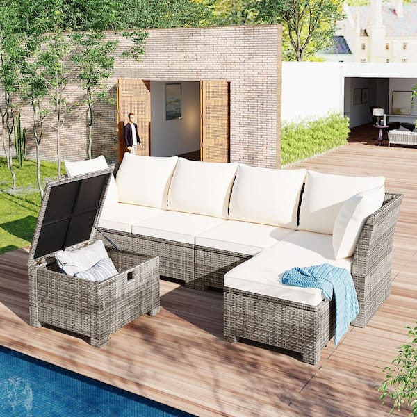 Harper & Bright Designs 6-Piece Gray Wicker Outdoor Sectional Set With ...