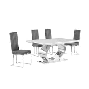 Ibraim 5-Piece Rectangle White Marble Top With Stainless Steel Base Dining Set With 4 Dark Grey Velvet Chrome Iron Chair