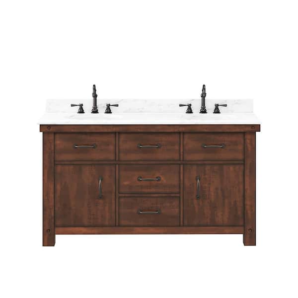 Water Creation Aberdeen 60 in. W x 22 in. D Vanity in Rustic Sierra with Marble Vanity Top in White with White Basin and Faucet