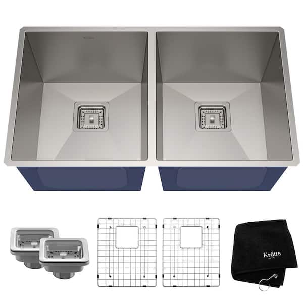 KRAUS Pax Zero-Radius 31.5in. 16 Gauge Undermount 50/50 Double Bowl Stainless Steel Kitchen Sink