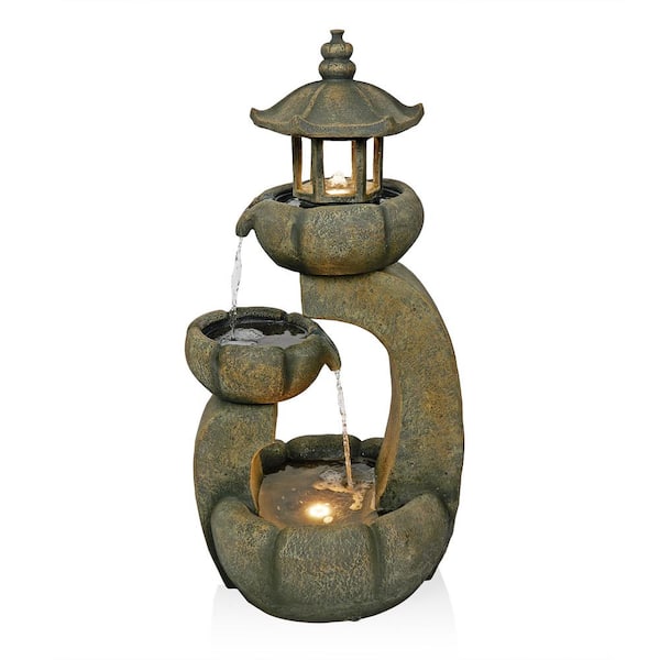 Alpine Corporation 32 in. Tall 2-Layered Pagoda Polystone Tiered Fountain with LED Lights, Gray
