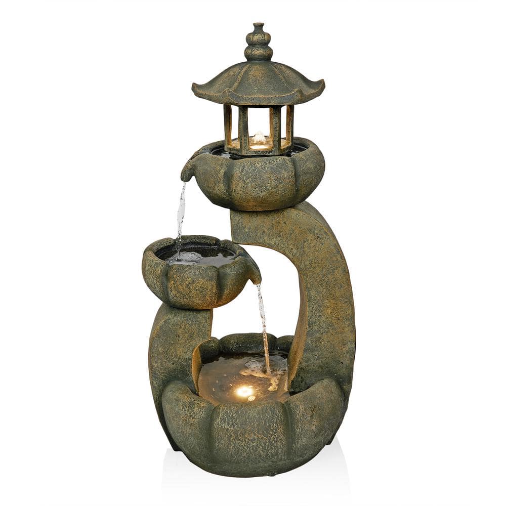 32 in. 2 Layered Pagoda Polystone Tiered Fountain with LED Lights, Gray