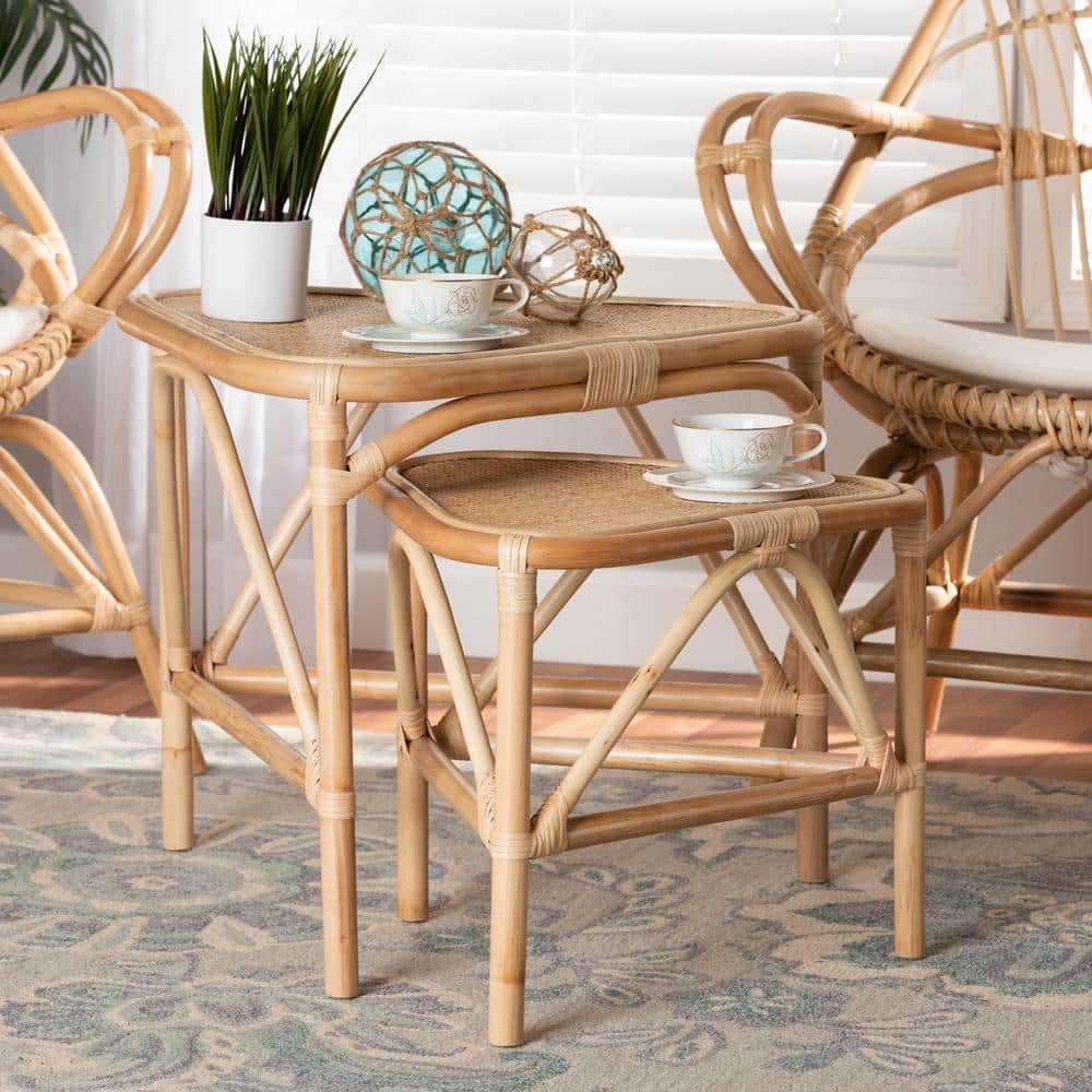 Jayden Natural Brown Rattan 2-Piece Nesting End Table Set