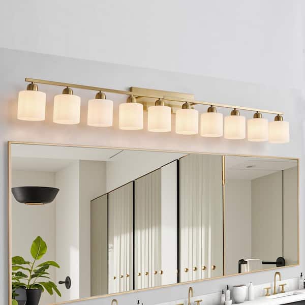65 in. 10-Light Gold Bathroom Vanity Light Fixture with Milky White Frosted Glass Shades, no bulbs included
