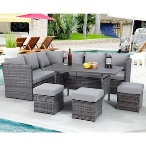 Gray 7-Pieces Wicker Patio Conversation Set with Gray Cushions