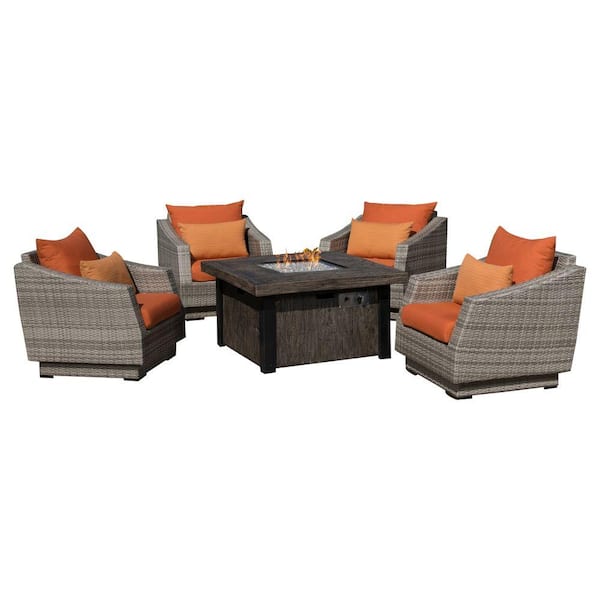 RST BRANDS Cannes 5-Piece Wicker Patio Fire Pit Conversation Set with Sunbrella Tikka Orange Cushions