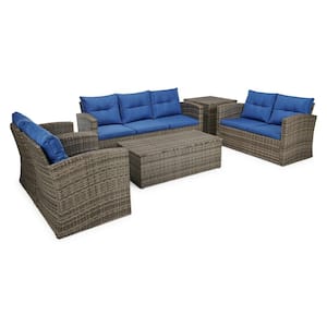 6-Piece Wicker Outdoor Patio Conversation Set with Blue Cushions