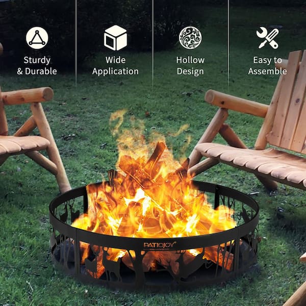 36 Thick Metal Fire Pit Ring for Outdoor Camping Living Wilderness Heavy Duty Bonfire Liner for Campfire Wood Burning with Extra Poker and Portable Carrying Bag 