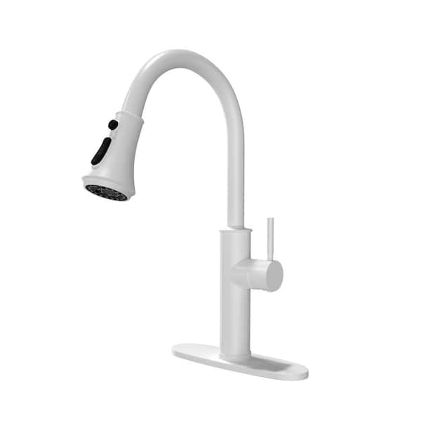 Mondawe 1-Single Handle Surface Mount Pull Down Sprayer Kitchen Faucet in Cream White