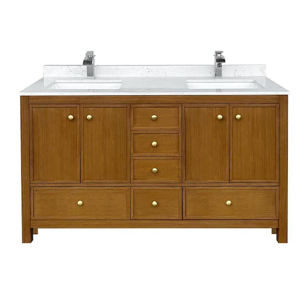 60 in. W x 22 in. D x 35 in. H Double Sink Bath Vanity Cabinet in Brown Oak with Calacatta Cultured Marble Top