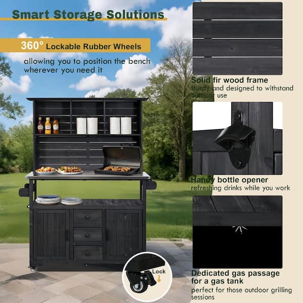 Black Wood 65 in. H 3-in-1 Garden Potting Bench Kitchen Island