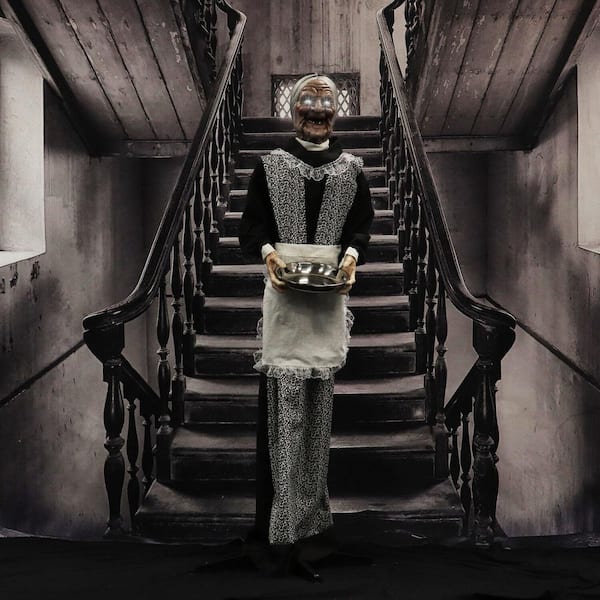 Haunted Hill Farm 5.1 ft. Animatronic Zombie Maid Holding Tray