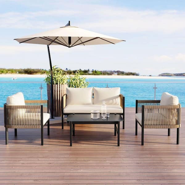 Sudzendf 4-Piece Metal Patio Conversation Set with a Table and Beige ...