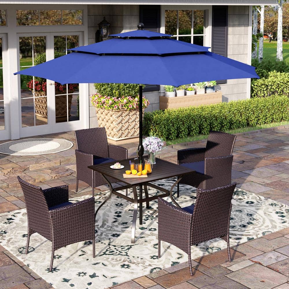 Black 6-Piece Metal Patio Outdoor Dining Set with Slat Square Table, Blue Umbrella and Rattan Chairs with Blue Cushion