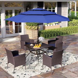 Black 6-Piece Metal Patio Outdoor Dining Set with Slat Square Table, Blue Umbrella and Rattan Chairs with Blue Cushion