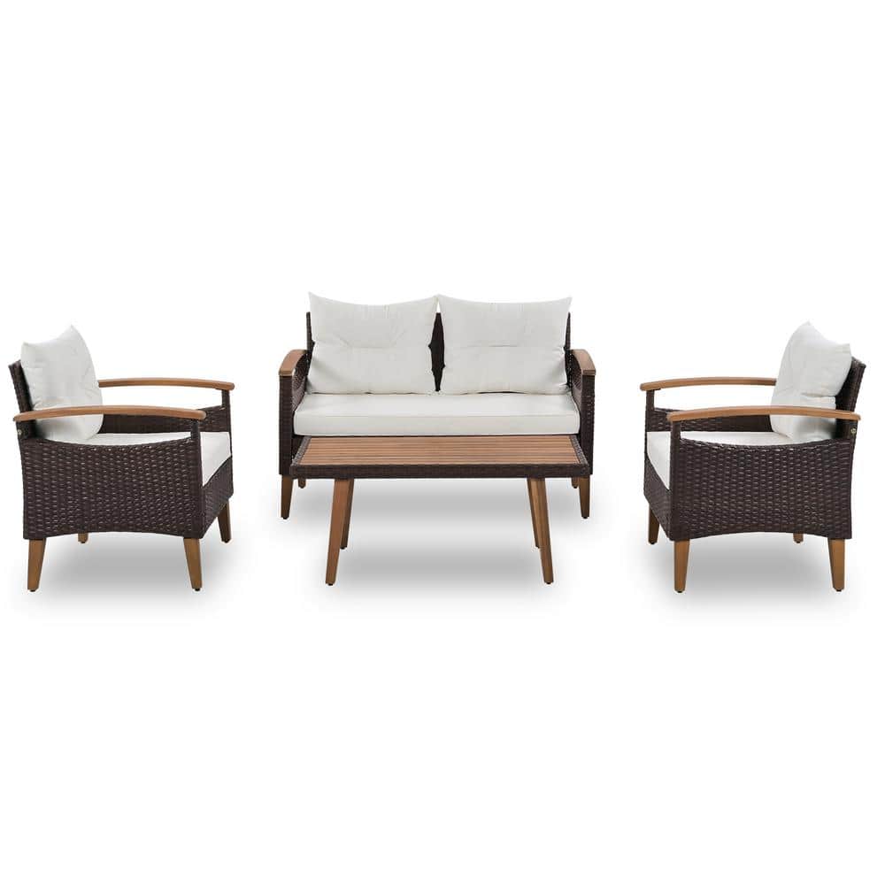 Brown 4-Piece Wood and Wicker Patio Conversation Set with Beige Cushions and Table Cover price history on PriceWatchPro