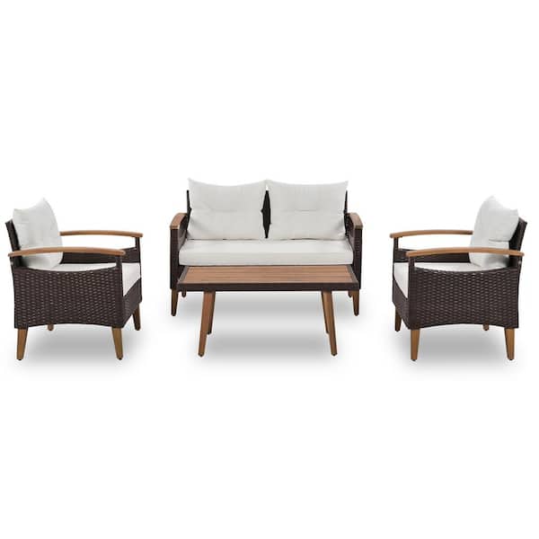 Sudzendf Brown 4-Piece Wood and Wicker Patio Conversation Set with Beige Cushions and Table Cover