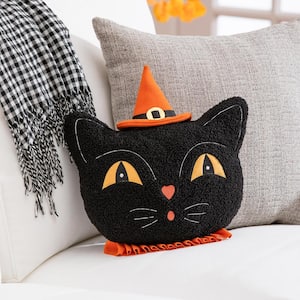 13 in. Shaped Pillow with Embroidering, Black Cat with Witches Hat