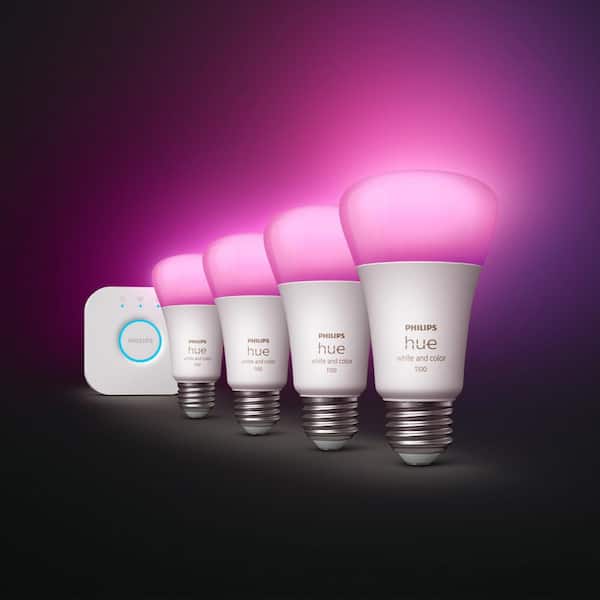 Bestaan Samengesteld Hoofd Philips Hue White and Color Ambiance A19 75W Equivalent Dimmable LED Smart  Light Bulb Starter Kit (4 Bulbs and Bridge) 563296 - The Home Depot
