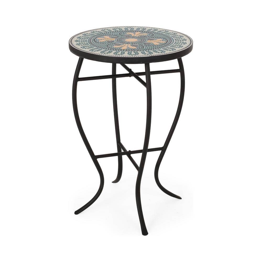 Photos - Storage Combination Bluebird 14 in. x 21.25 in. Teal and Yellow Round Marble End Table 83185