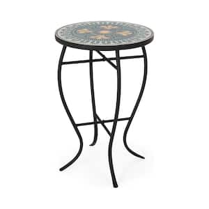 Bluebird 14 in. x 21.25 in. Teal and Yellow Round Marble End Table