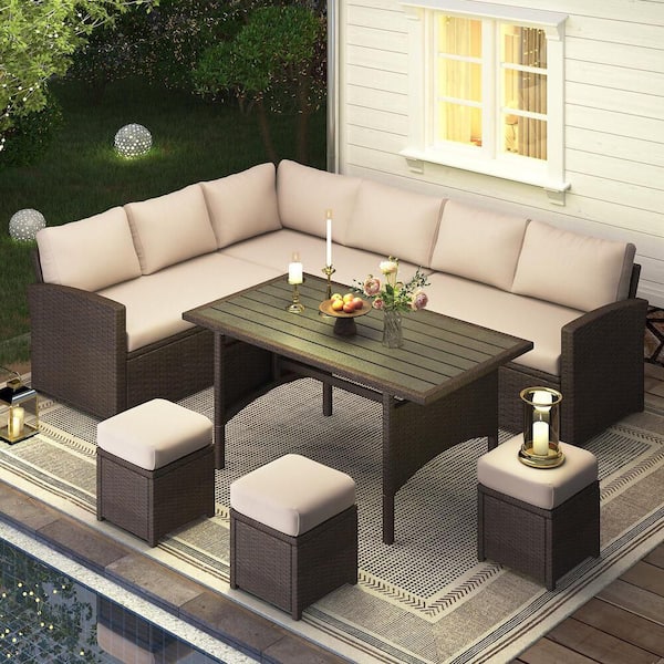 Sudzendf 7-Pieces Brown Wicker All Weather Outdoor Sofa Sectional Set with Khaki Cushions and Coffee Table