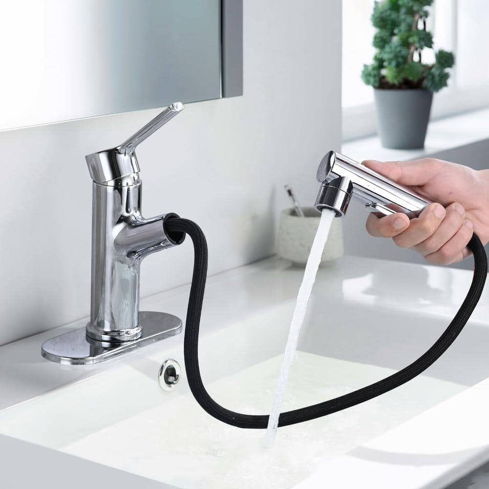 Polished Chrome Single Handle Bathroom Faucet with Deckplate and Drain Kit