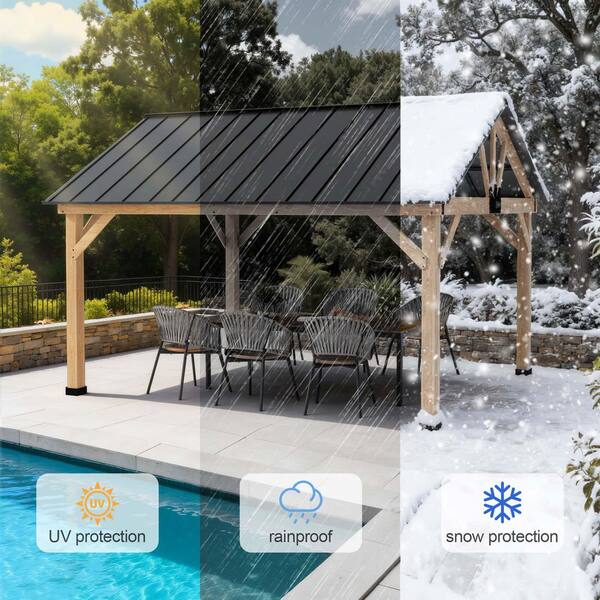 Sudzendf 11 ft. x 13 ft. Natural Wood/Black Hardtop Gazebo, Steel