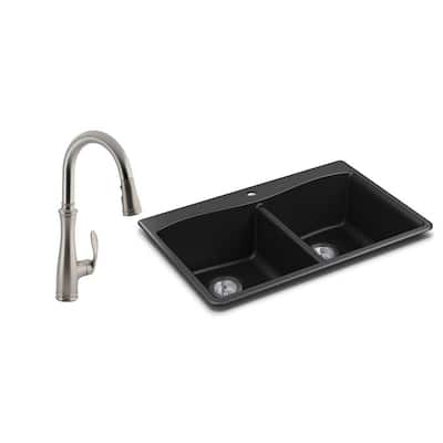 Kennon Drop-in/Undermount Granite Composite 33 in. Double Bowl Kitchen Sink with Bellera Kitchen Faucet in Matte Black