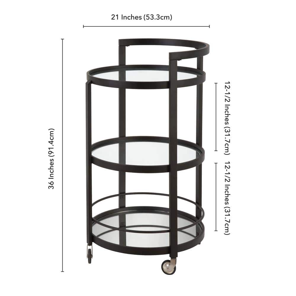 Bronze-Tinted Glass and Blackened Steel Round Bar Cart with Wine Rack