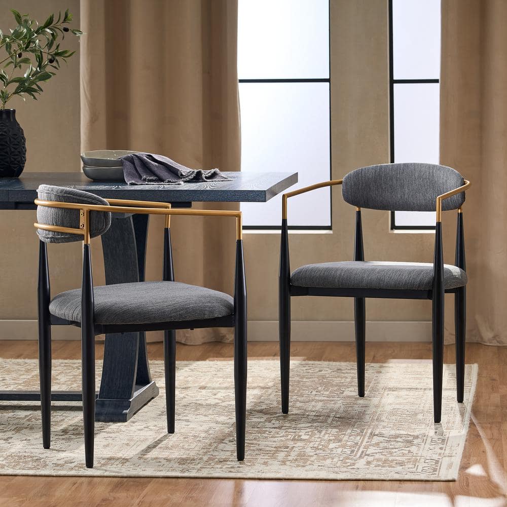 Gray Upholstered Metal Dining Chairs with Gold Detailing, Set of 2