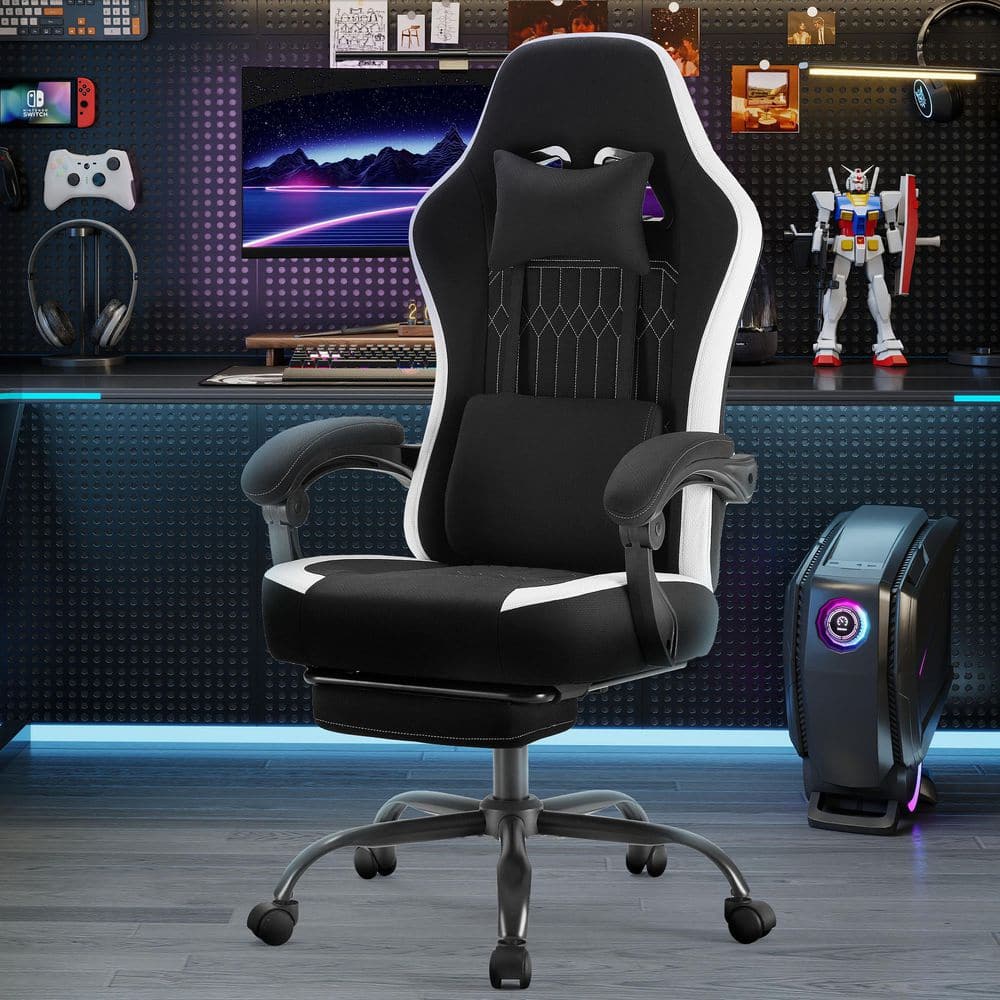 Fabric Reclining Ergonomic Gaming Chair in Black with Arms Adjustable Height and 360° Rotating Wheels
