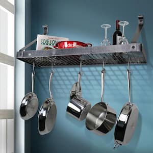 Handcrafted 30 in. Gourmet Deep Bookshelf Wall Rack with 12-Hooks Hammered Steel