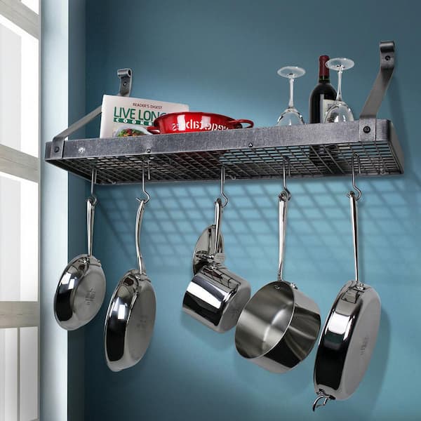 Handcrafted 30 in. Gourmet Deep Bookshelf Wall Rack with 12-Hooks Hammered Steel