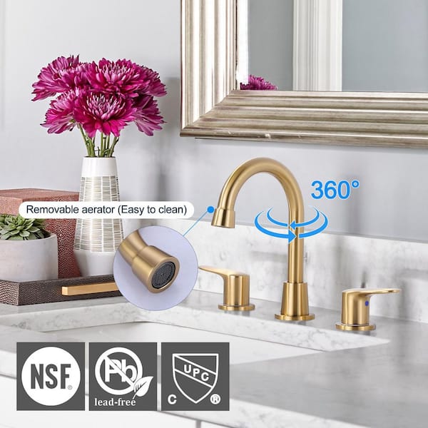 8 in. Widespread Double Handle High Arc Bathroom Sink Faucet with Pop-up Drain Kit in Gold