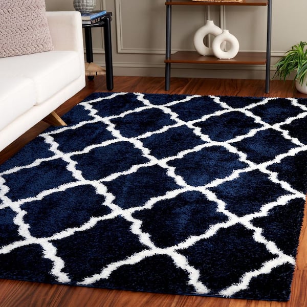 Tahoe Shag 7 ft. x 9 ft. Navy/White Trellis Diamond Area Rug
