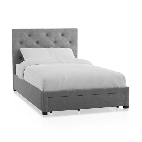 Stevies Gray Full Upholstered Wood Frame Platform Bed With Foot Drawer