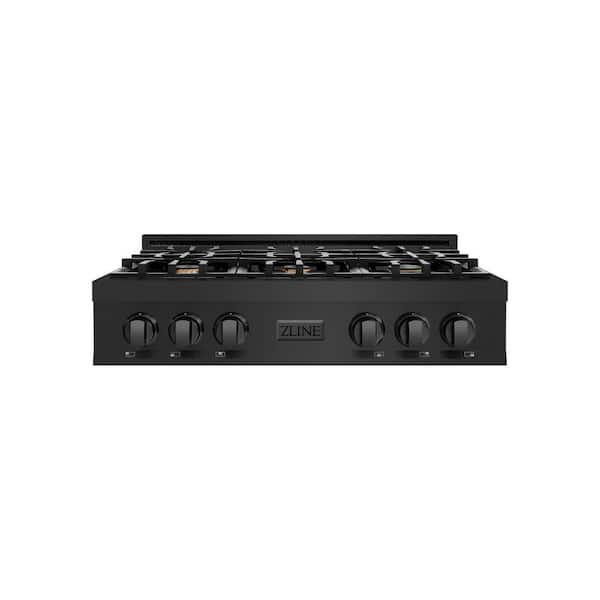 36 in. 6 Burner Front Control Gas Cooktop with Brass Burners in Black Stainless Steel