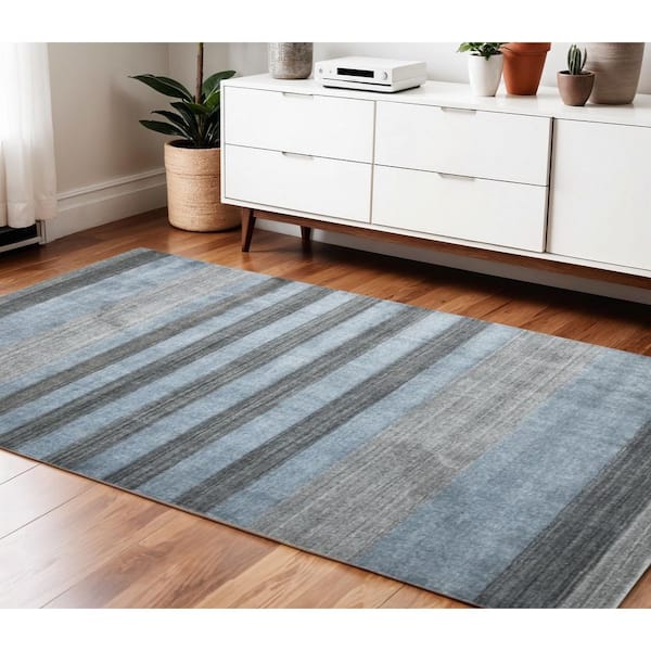 4 ft. x 6 ft. Gray And Light Blue Wool Striped Hand Woven Area Rug