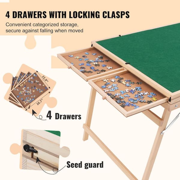 Table de puzzle avec tiroirs pour adultes – Planche de 1500 pièces, angle d'inclinaison réglable avec couvercle, pieds pliables portables, cadeau pour les amateurs de puzzle