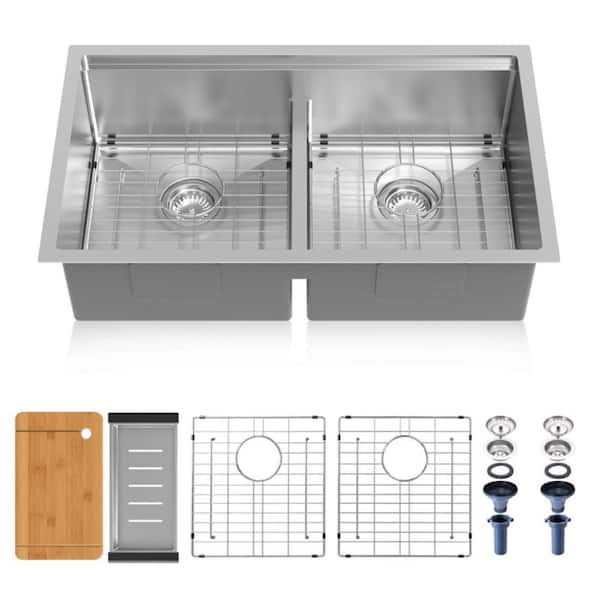 33 in. Undermount 50/50 Double Bowl 18-Gauge Stainless Steel Workstation Kitchen Sink with Accessories