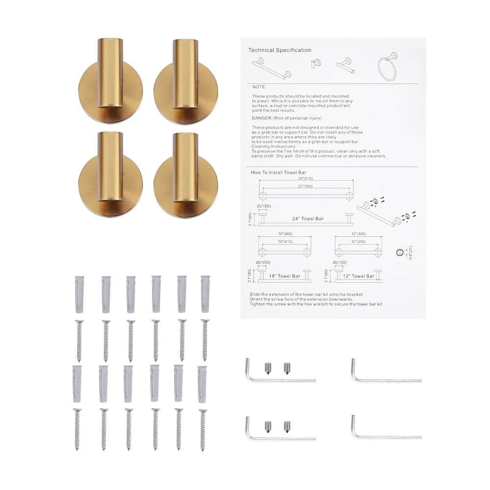 Brushed Gold Stainless Steel Wall Mounted Towel Hooks, 4-Pack