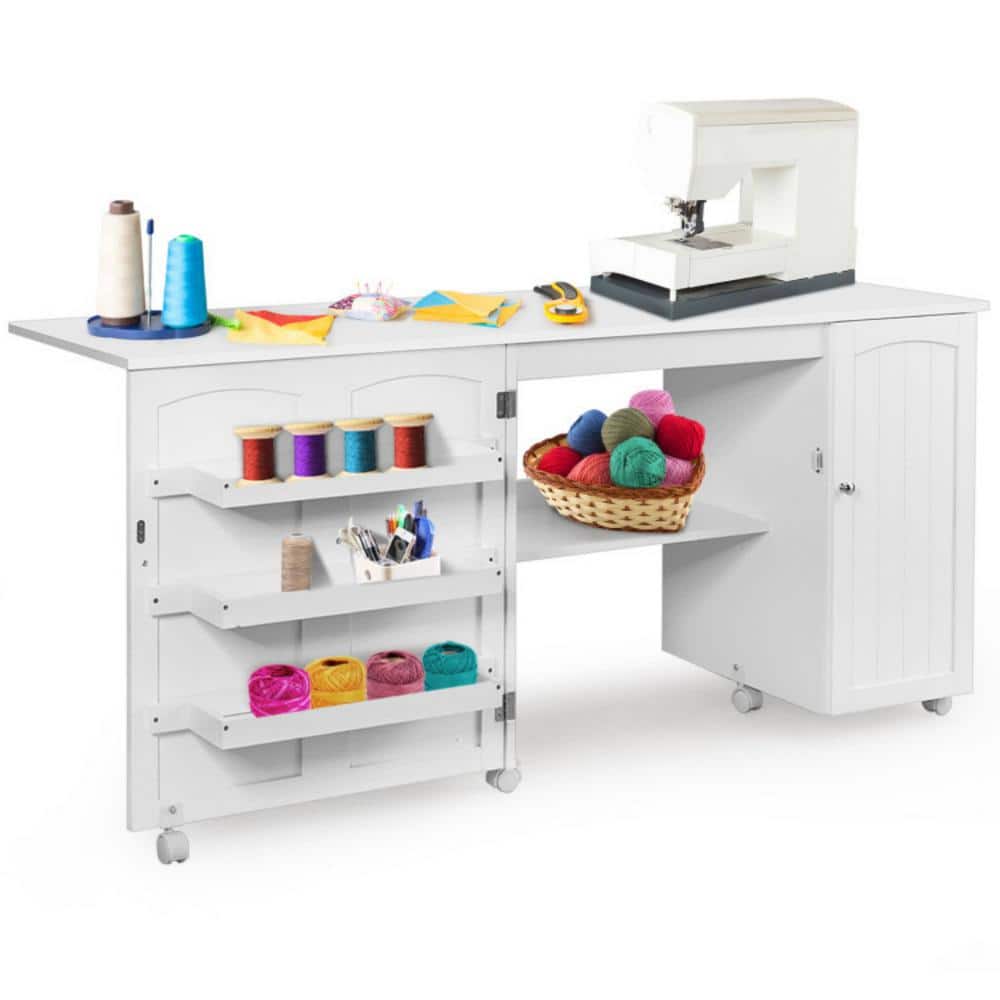 White Folding Sewing Table with Shelves and Wheels